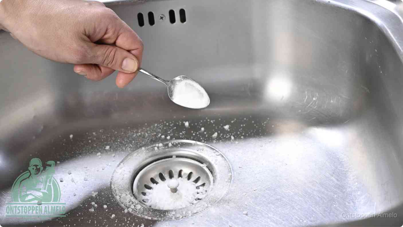Een hand strooit met een lepel soda in de afvoer van een roestvrijstalen spoelbak, de soda en azijn huismiddel-methode om de afvoer te ontstoppen in Almelo