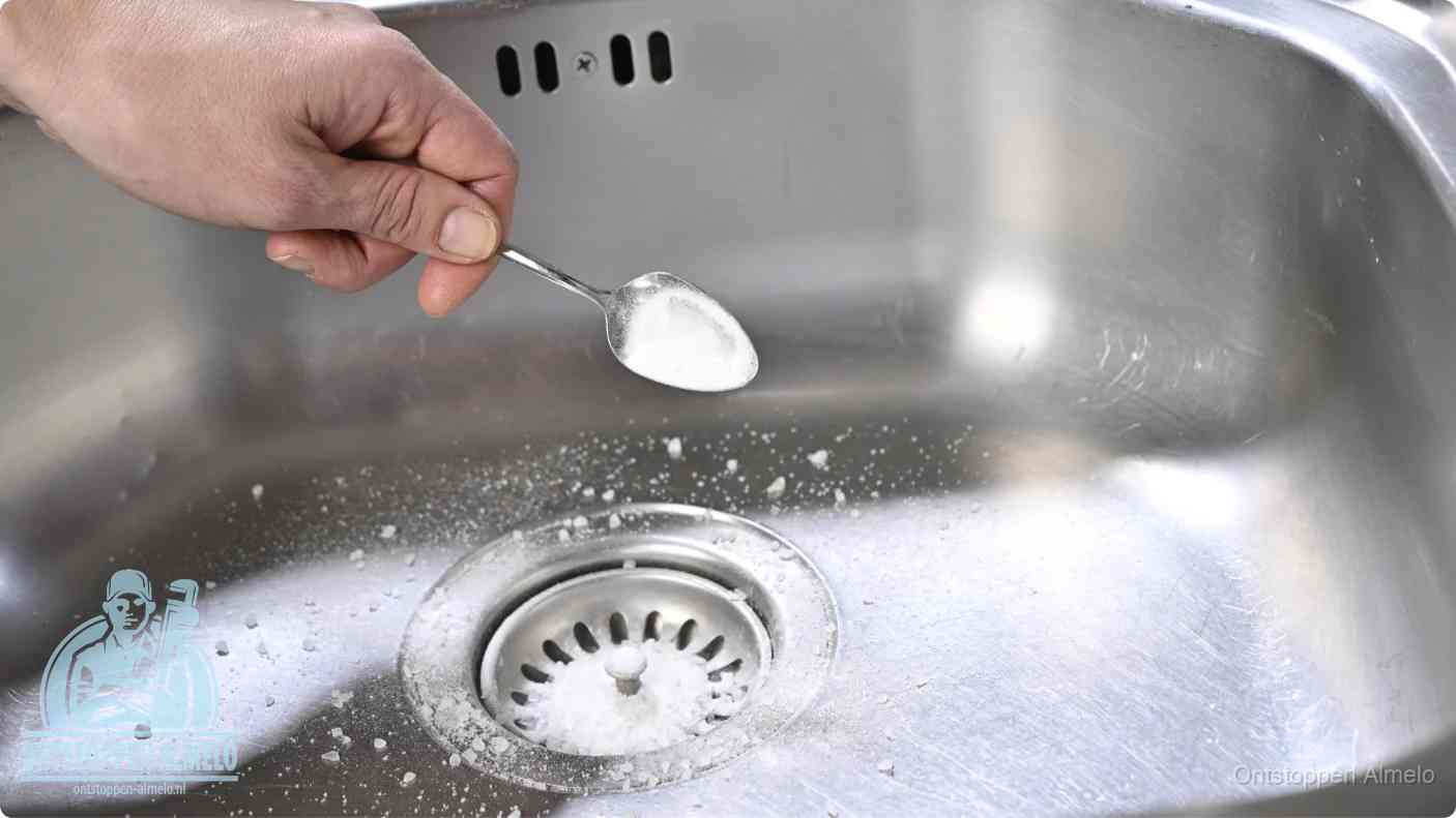 Een hand strooit met een lepel soda in een afvoerputje, de soda en azijn huismiddel-methode om de wc te ontstoppen in Almelo